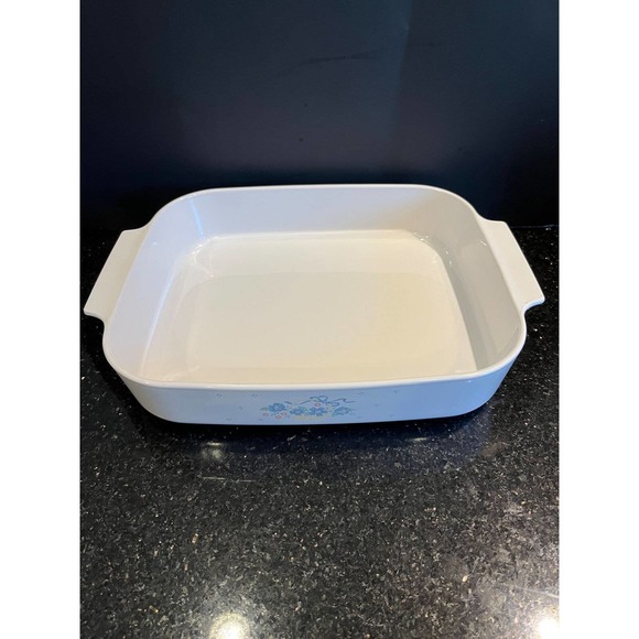 Vintage 1980s Corningware Blue Ribbon Flower Basket Print Open Roasting Pan 12" - Picture 2 of 7